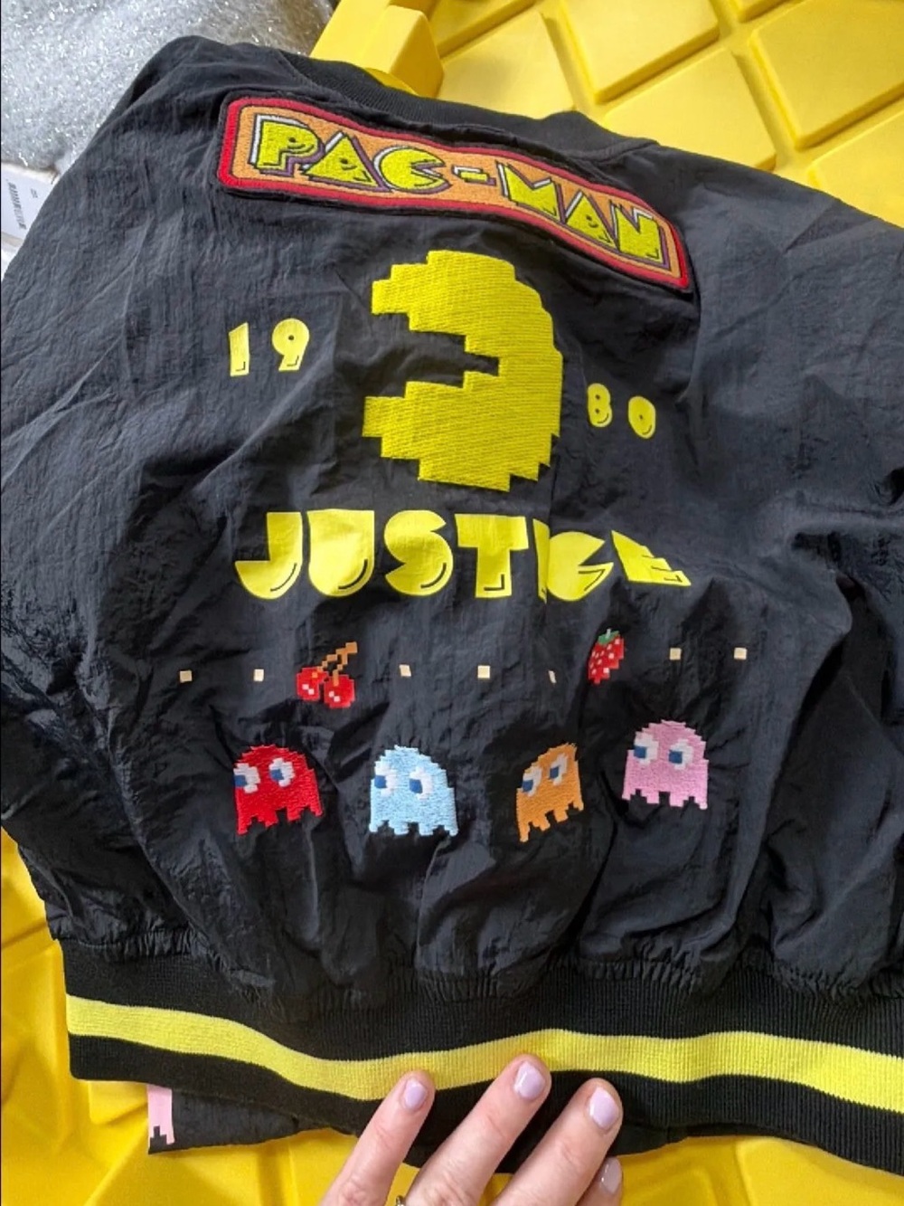 Pac-Man Graphic Kids Black and Yellow Bomber Jacket by Justice Size Small NWT
